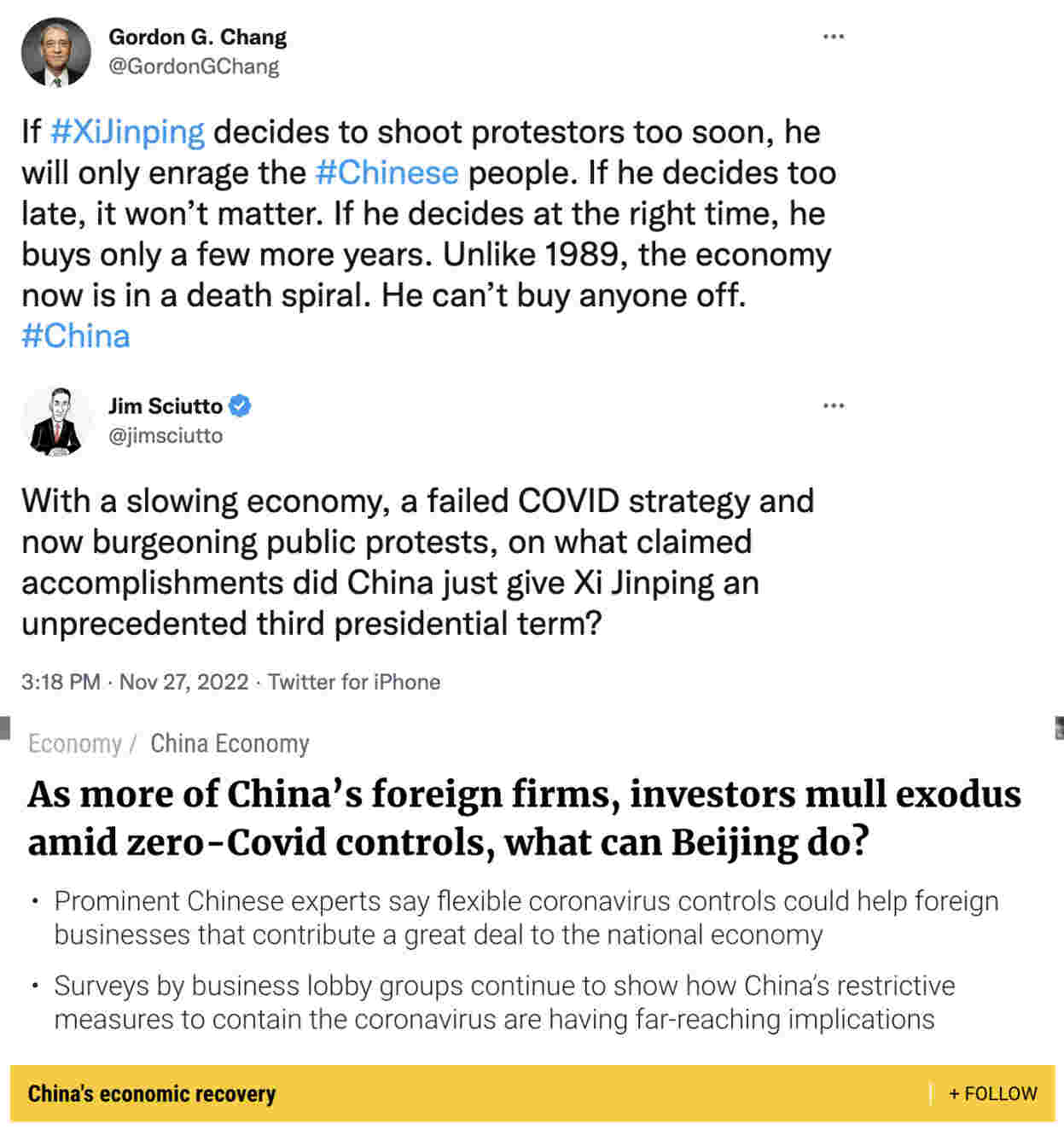 Two tweets and one article title describing the 'failing' Chinese economy.