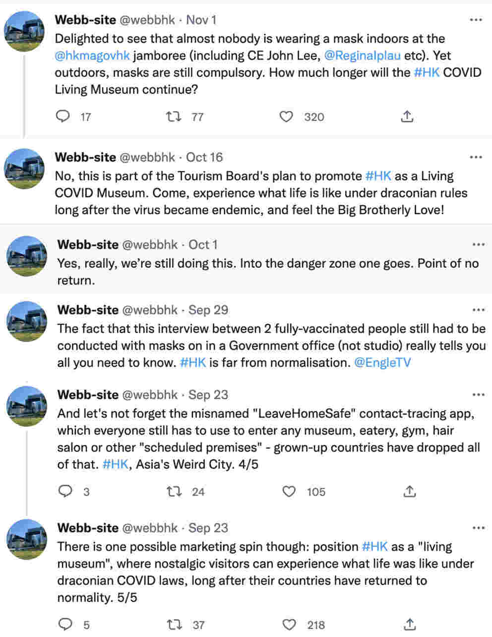 A twitter user obsessed with Hong Kong removing COVID restrictions. It is a long series of 6 separate tweets.